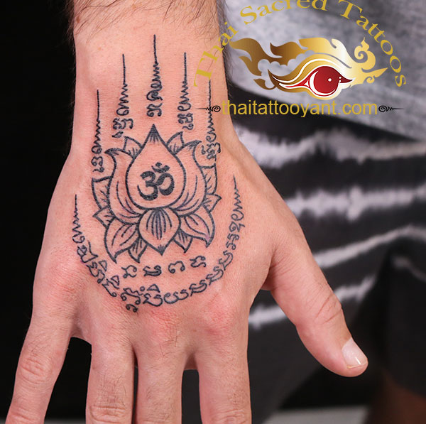 Golden Lotus with 5 Unalome Thai Yant hand Tattoo
