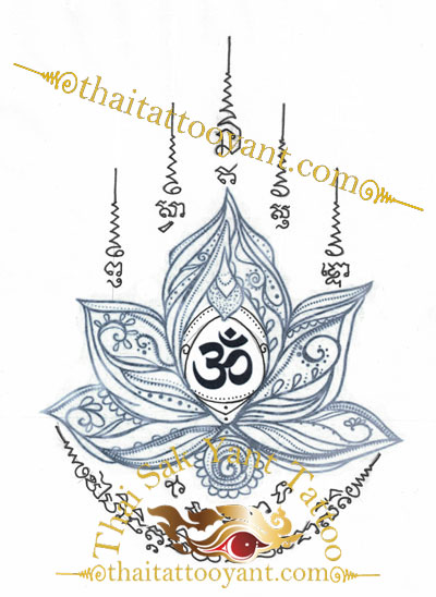 Golden Lotus Flower Dok Bua Thong with Om Symbol Thai Tattoo Sak Yant design 5