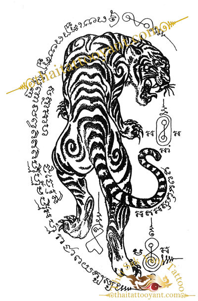 Suea Leaw Lung Single Tiger Looking Back Right Thai Tattoo Sak Yant design