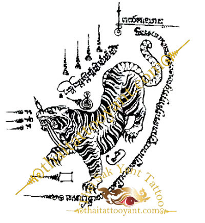 Tiger Suea Liaw Lung facing down but looking back for protection Thai Tattoo Sak Yant design