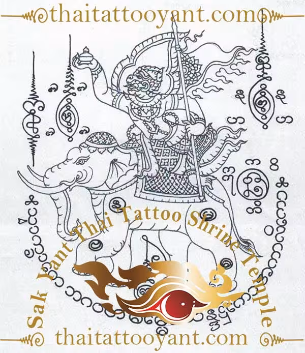 Hanuman Riding Elephant Singha with winner Flag Sak Yant Thai Tattoo