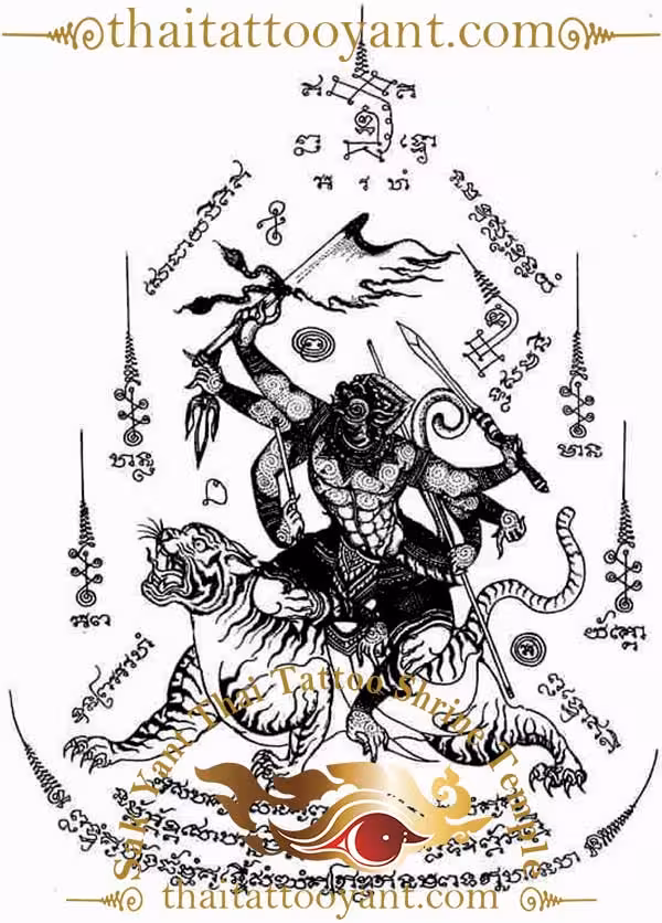 Hanuman Riding Tiger with winner Flag Sak Yant Thai Tattoo