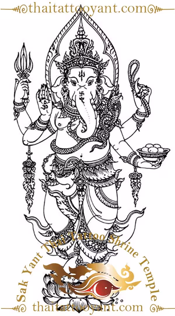 Standing Ganesh on Lotus Sak Thai Yant Tattoo