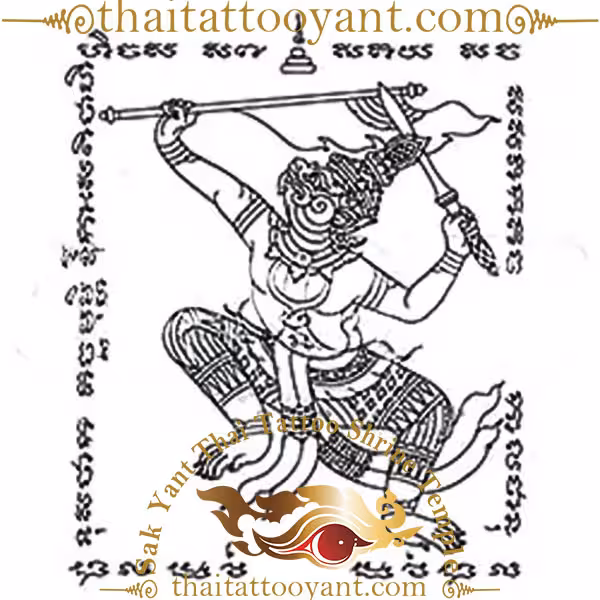 Hanuman Dancing with Winner Flag - Sword Sak Yant Thai Tattoo