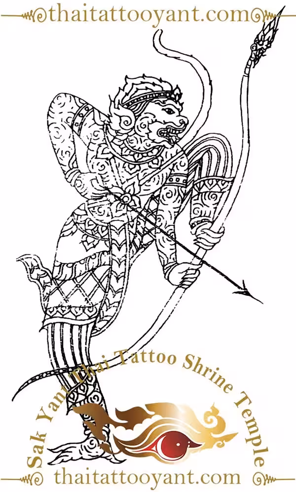 Hanuman Dancing with a Bow and Arrow Sak Yant Thai Tattoo
