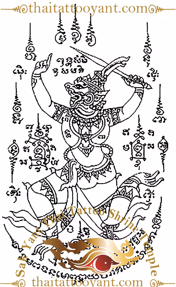 Hanuman Leaping With Sword Sak Yant Thai Tattoo