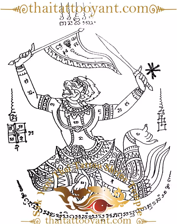 Hanuman Leaping With Winner Flag Sak Yant Thai Tattoo