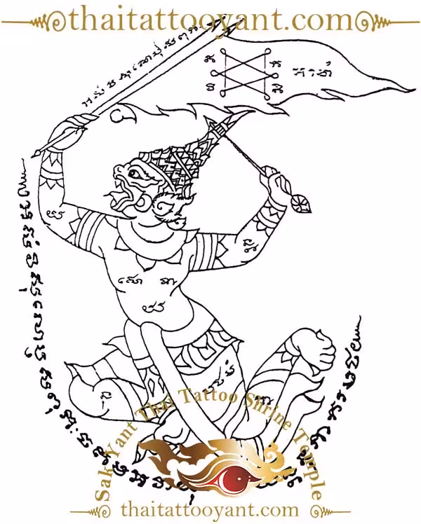 Hanuman Leaping With Winner Flag Thai Sak Yant Tattoo