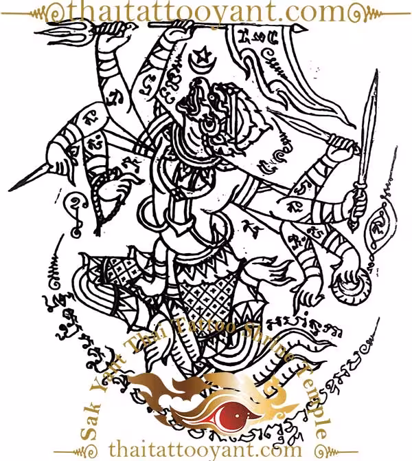Hanuman Leaping With Winner Flag Thai Sak Yant Tattoo