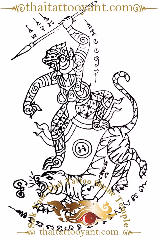 Hanuman Riding Tiger Sak Yant Thai Tattoo