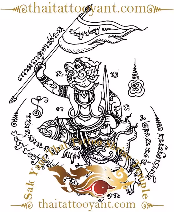 Hanuman Running With Winner Flag Sak Yant Thai Tattoo
