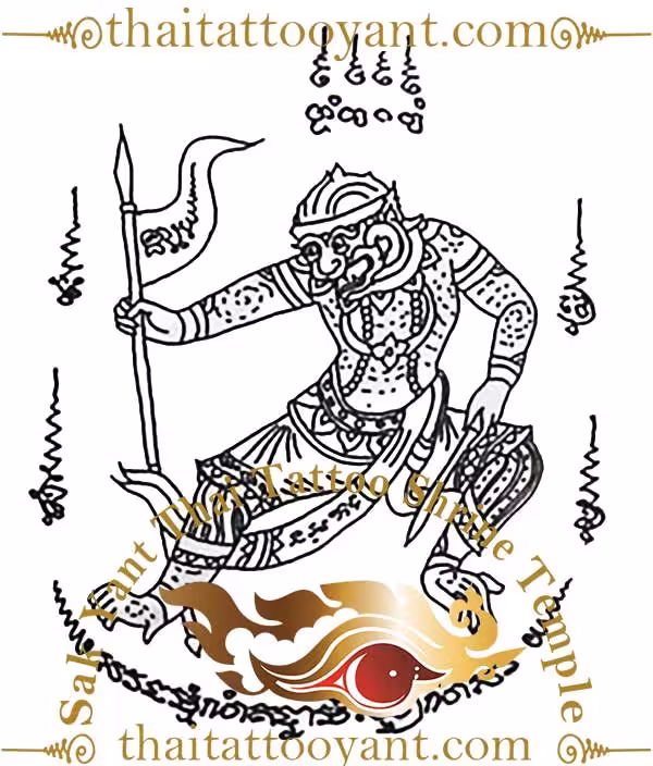 Hanuman Standing With Winner Flag Sak Yant Thai Tattoo