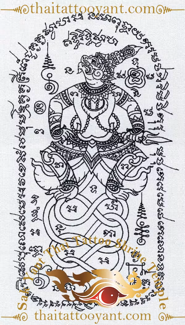 Hanuman Standing with Twin Nagas Thai Sak Yant Tattoo