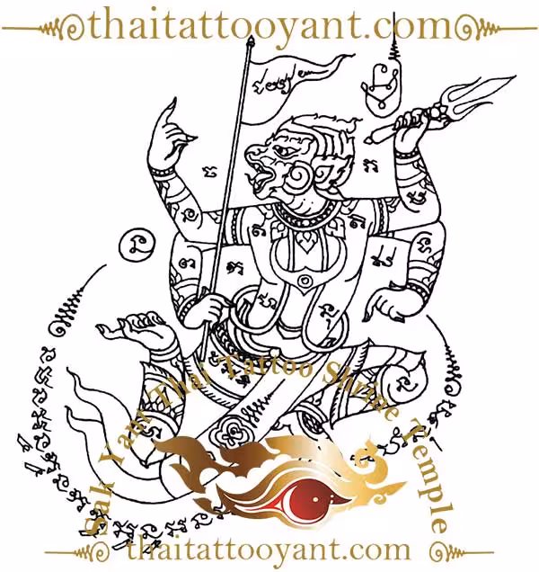 Hanuman With Winner Flag Leaping Sak Yant Thai Tattoo