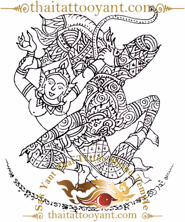 Hanuman and Golden Mermaid Flying Sak Yant Thai Tattoo
