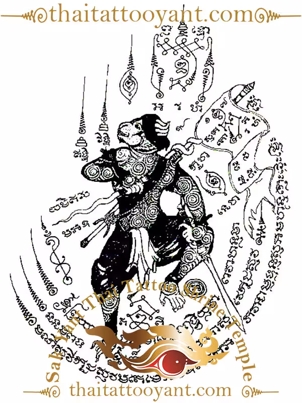 Tattoo Hanuman Dancing with Winner Flag Sak Yant